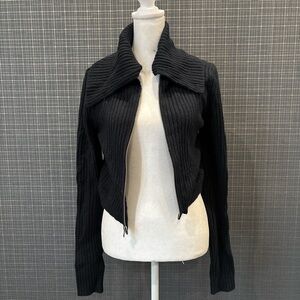 Banana Republic Black Ribbed Zip-Up Sweater Jacket with Wide Fold Collar